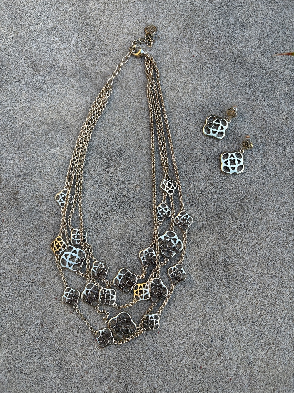 Women's Multi-Strand Floral Link Necklace and Earrings - Gold Tone
